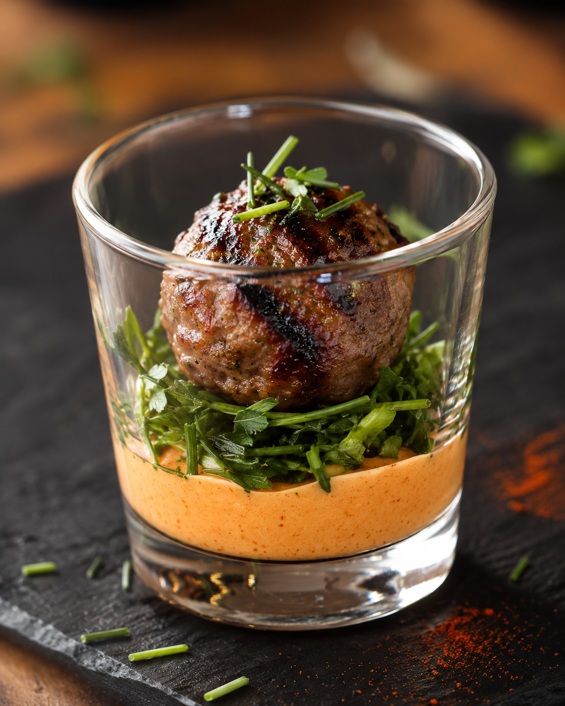 Lebanese Kefta meat ball with herbs, smoke paprika sauce