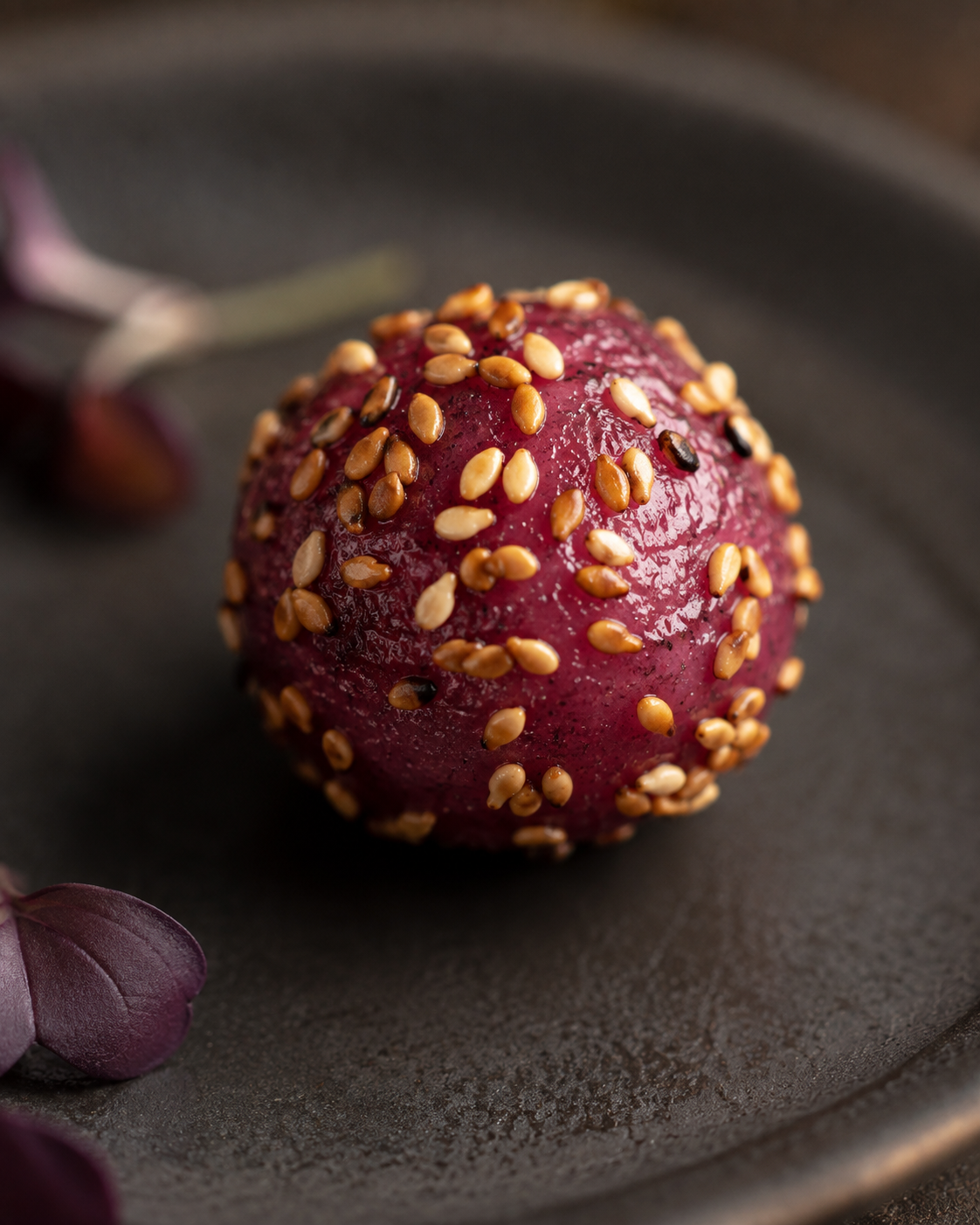 White Melon ball marined with red cabbage, black grilled sesame