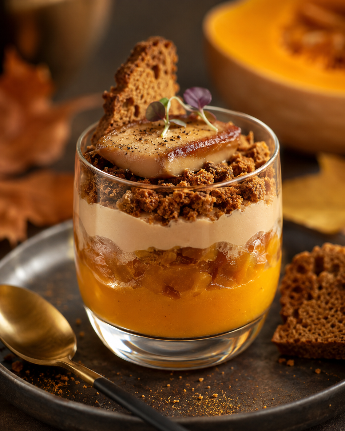 Autumn verrine of butternut squash, foie gras, and gingerbread