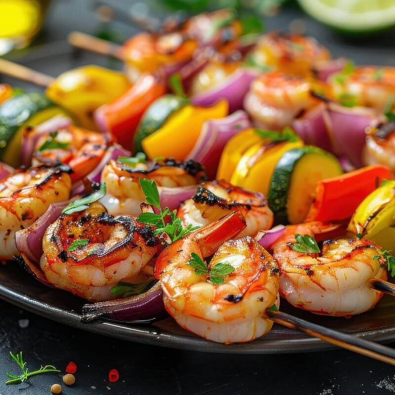 Grilled king prawn skewer with red bell pepper and smoked paprika