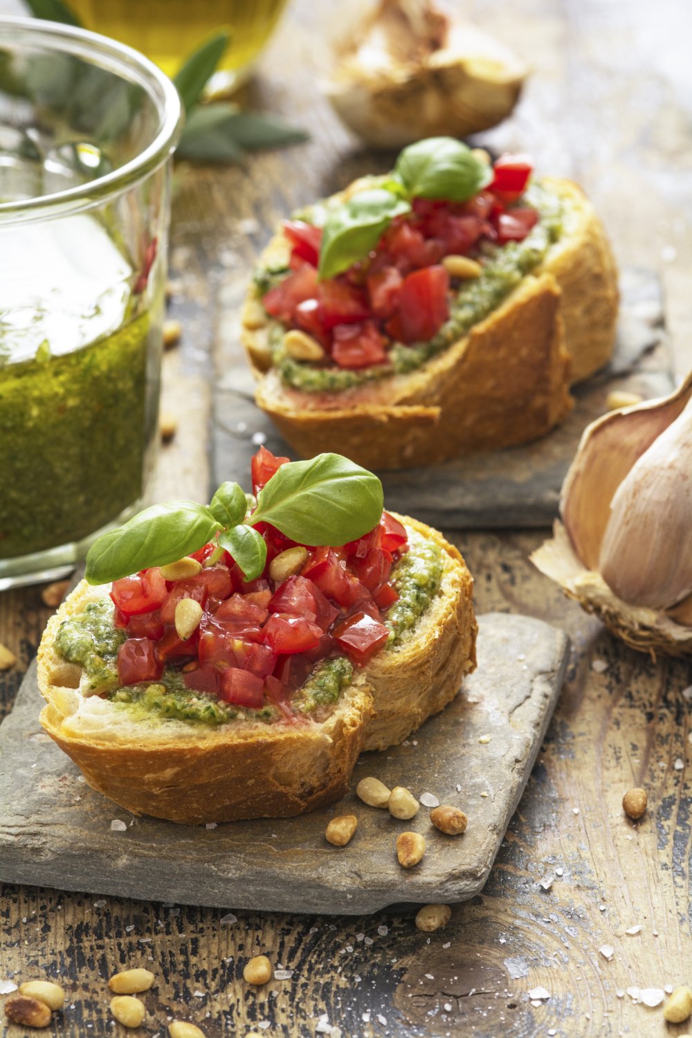 Italian Chicken Canape Toast with basil pesto, olive and dried tomatoes