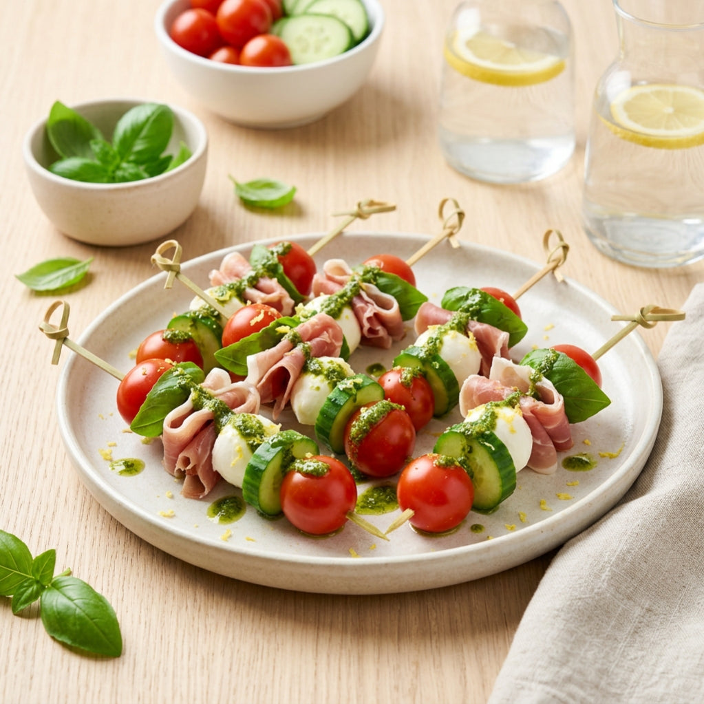 Skewer Prosciutto Mozzarella fresh tomatoes and basil