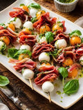 Skewer Prosciutto Mozzarella fresh tomatoes and basil